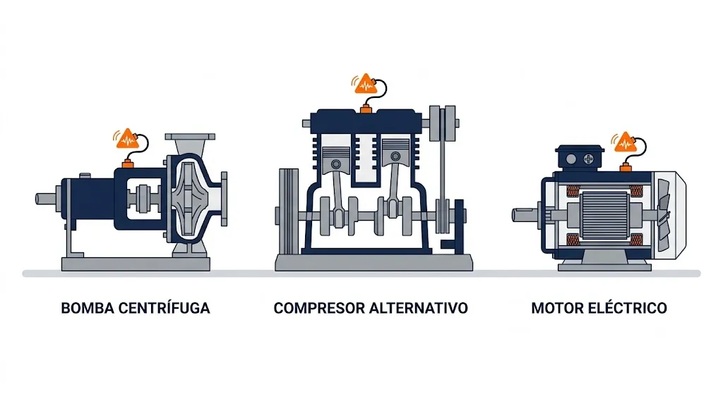 Tipos de maquinaria cubiertos por ISO 10816: bomba centrífuga, compresor alternativo y motor eléctrico con sensores de vibración
