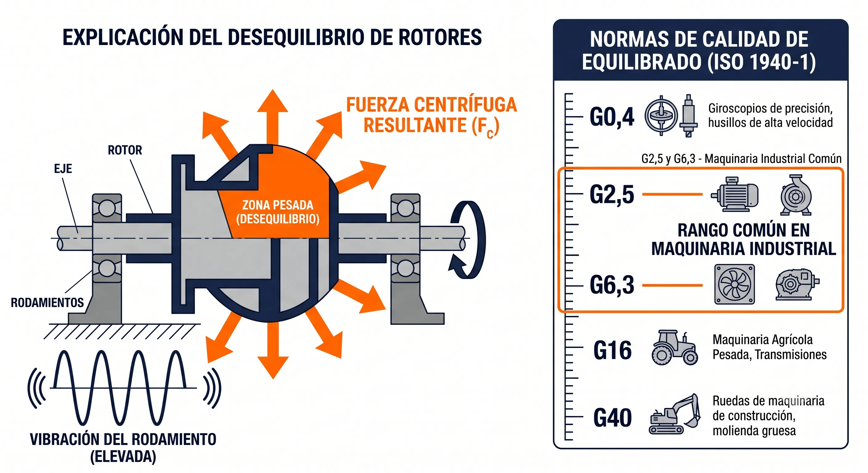 Ilustración de desequilibrio en rotor y tabla de clases de calidad de equilibrado ISO 21940: de G0.4 a G40
