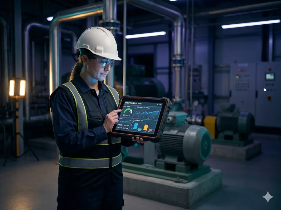 Ingeniero de mantenimiento revisando KPIs en planta industrial