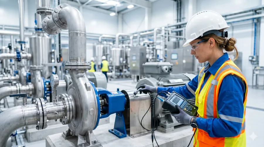 Técnico realizando análisis de vibración en planta industrial