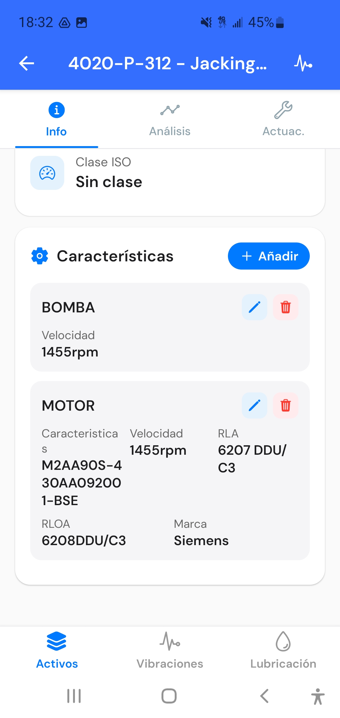 Características técnicas del activo con datos de bomba y motor